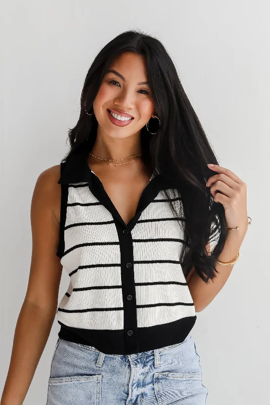 Online Boutique Stores FINAL SALE - Novel Poise Cream Striped Collared Knit Tank