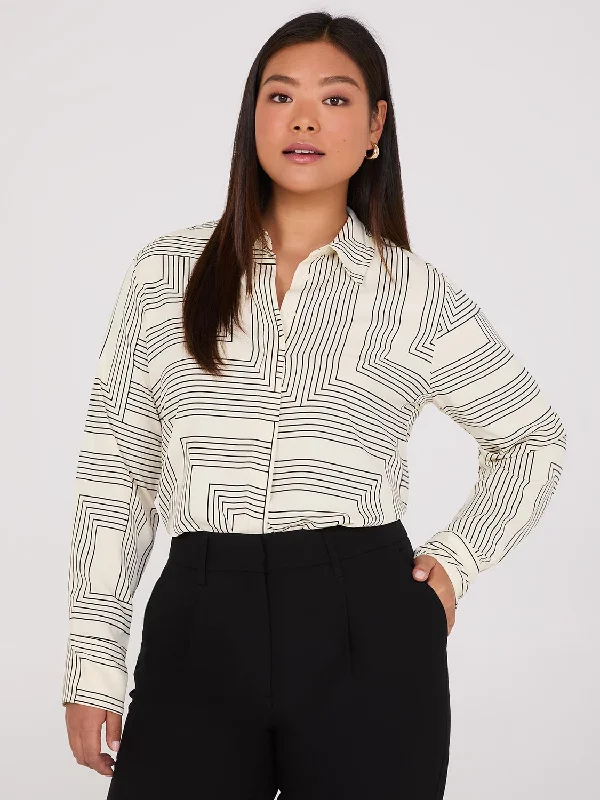 Women's Romantic Outfit Geo Print Rounded Hem Blouse