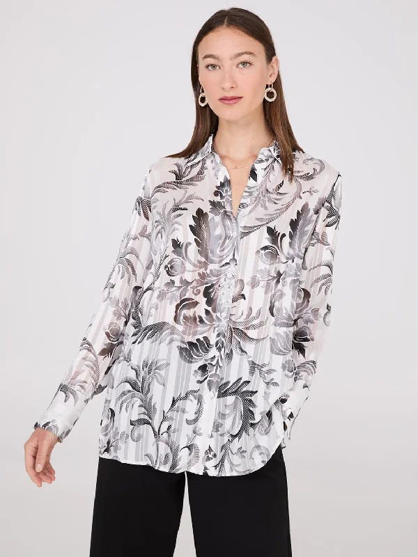 Women's Classic Outfit Floral Print Metallic Shadow Stripe Chiffon Blouse