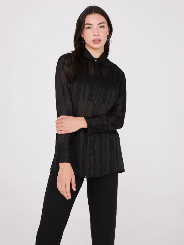 Women's Chic Outerwear Outfit Metallic Shadow Stripe Chiffon Blouse