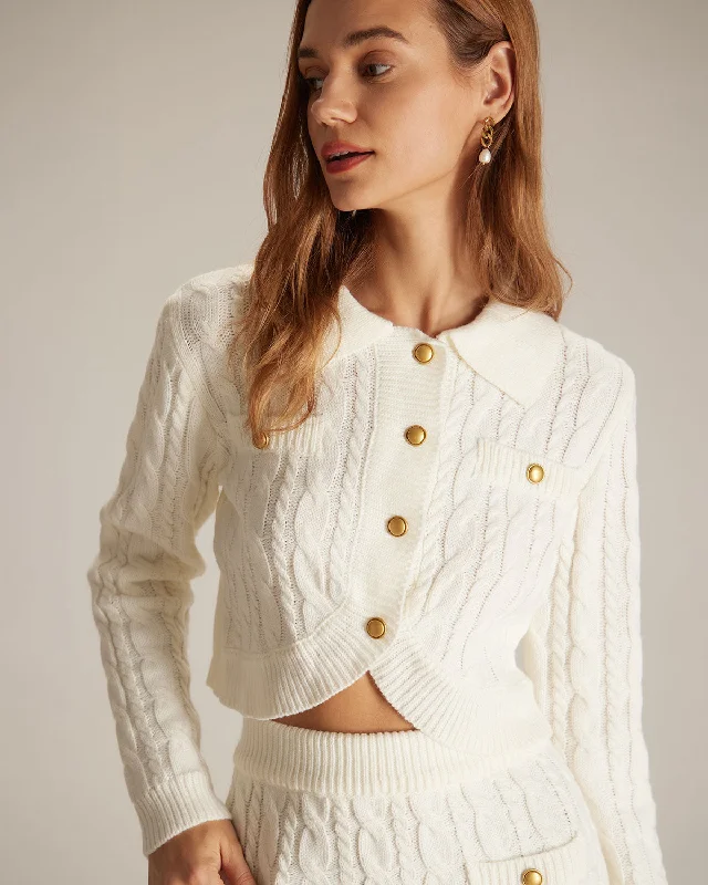 Women's Professional Garments The White Lapel Ribbed Button Cable Cardigan