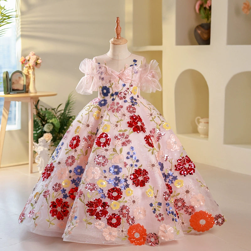 Boho Chic Fashion Baby Girl Flowers Sequins Embroidery Princess Dress Toddler Christmas  Princess Dress