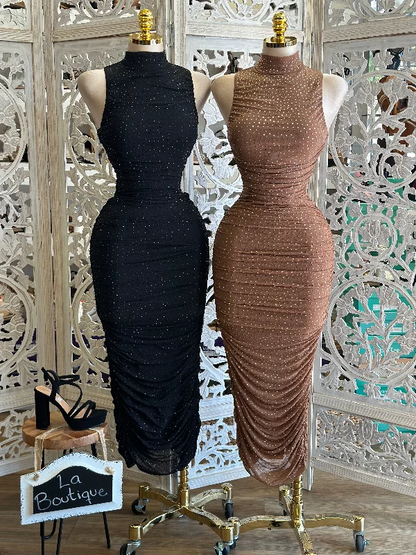 Modern Women's Styles At Wallet-Friendly Prices Mock Neck Rhinestone Ruched Dress- Stretchy,Estira