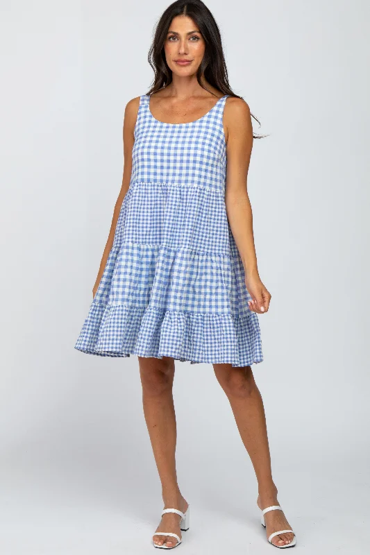 Women's Evening Wear for Special Occasions Blue Gingham Tiered Dress