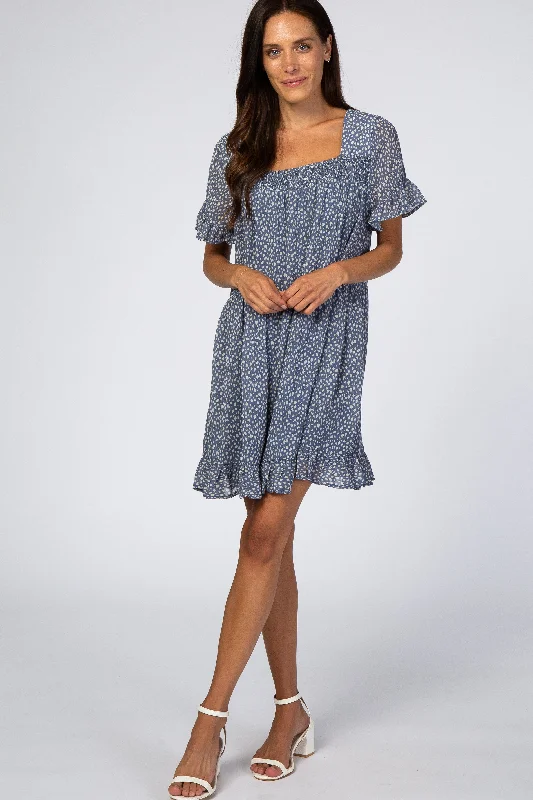 Latest Fashion for Women Blue Printed Chiffon Square Neck Ruffle Trim Dress