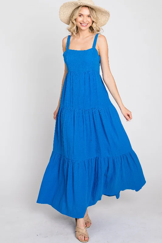 Women's Clothing Online Blue Sleeveless Ruffle Tiered Maxi Dress