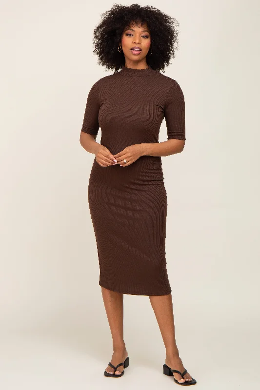 Current Trends Brown Ribbed Mock Neck Midi Dress