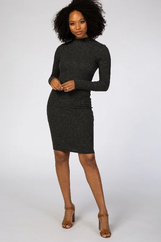 Elegant Women's Clothing Online Charcoal Ribbed Mock Neck Fitted Dress