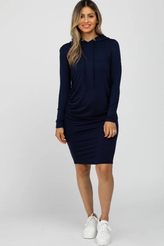 Sales Clothes Navy Blue Ruched Hooded Dress