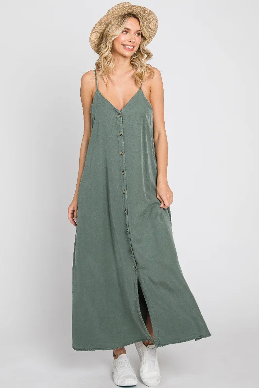 Luxury Fashion Olive Button Down Midi Tank Dress