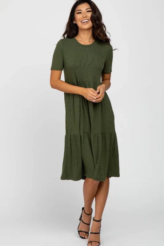 Clothing Sale Olive Ribbed Tiered Dress