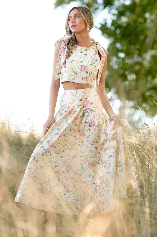 Chic Women's Outfit Ideas Petal Whispers Ivory Floral Maxi Skirt