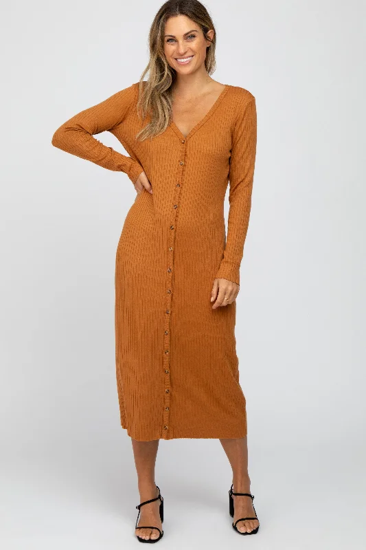 Early Bird Offer Rust Ribbed Button Front Midi Cardigan Dress