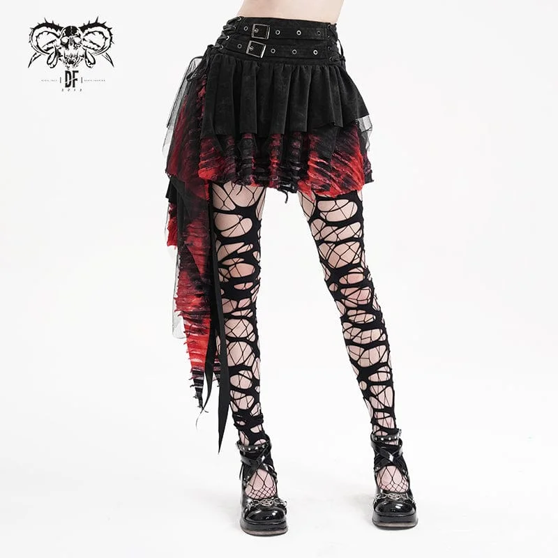 Modern Women's Apparel Women's Gothic Eyelets Mesh Irregular Hem Skirt Black Red