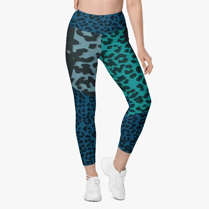 Stylish Women's Garments Recycled Animal Printed Leggings "FrankenCheetah" Blue/Teal with Pockets